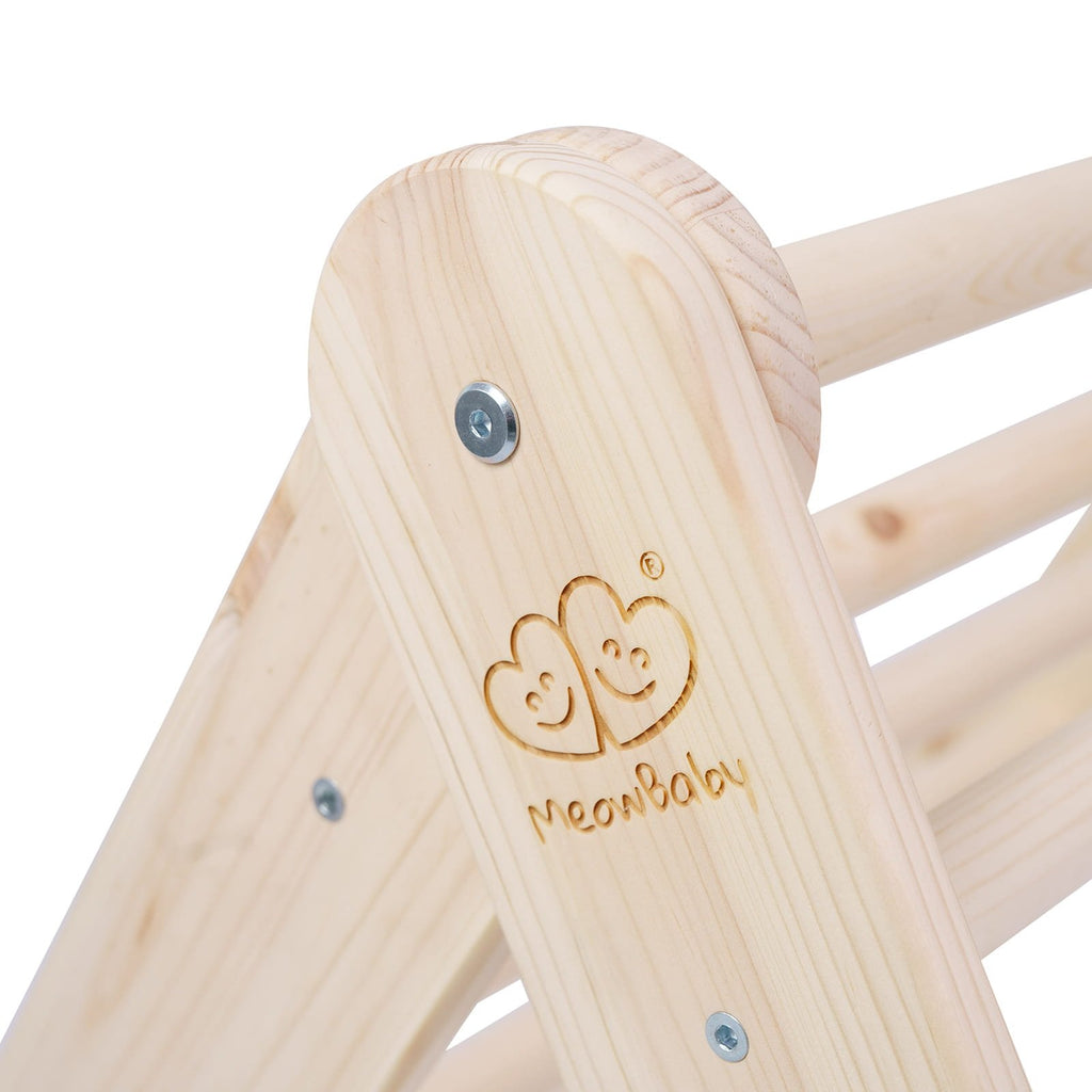 11. Close-up of MeowBaby logo engraved on natural wood ladder, showcasing craftsmanship