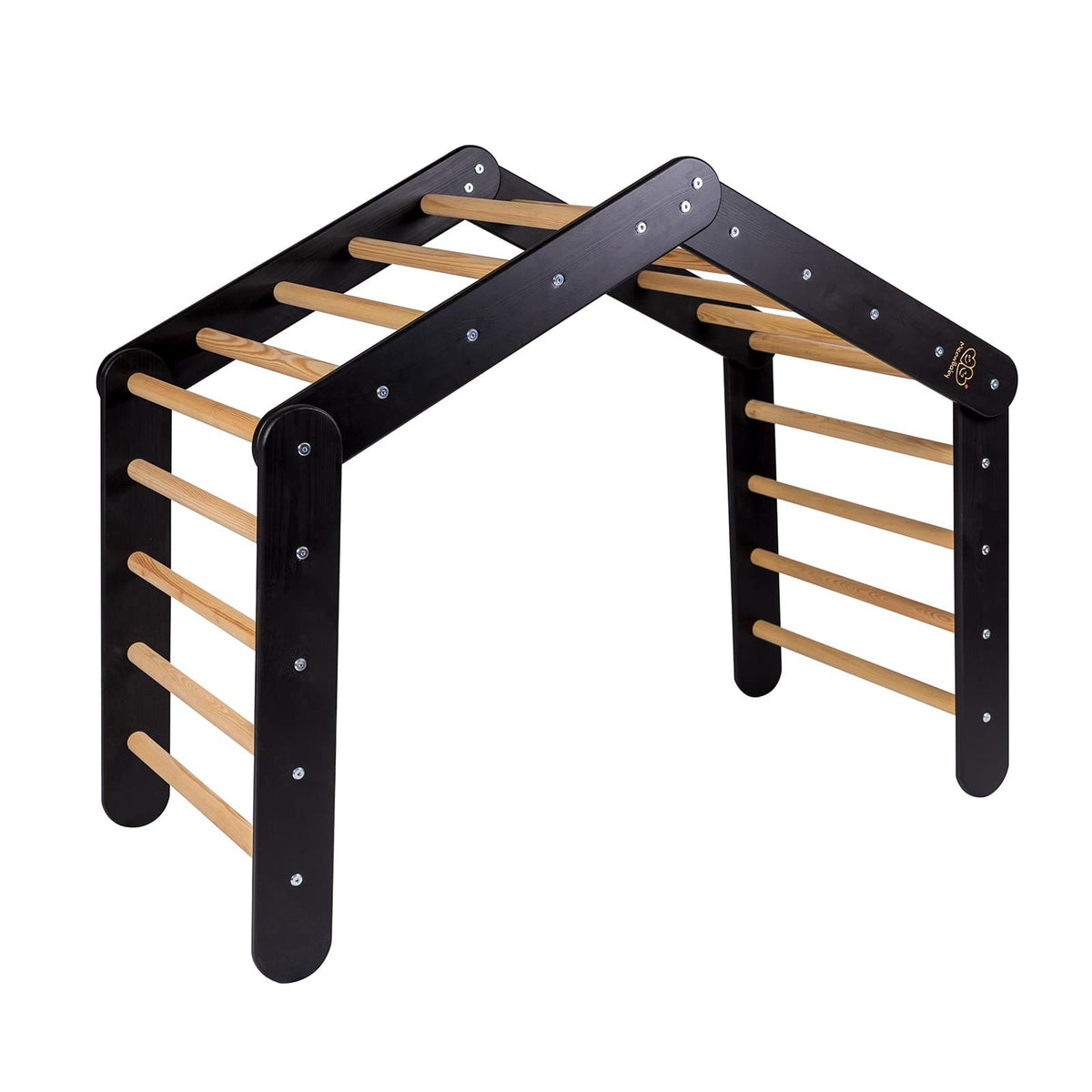 1. Large black wooden Pikler ladder with natural rungs in a triangular shape, shown in a studio setting