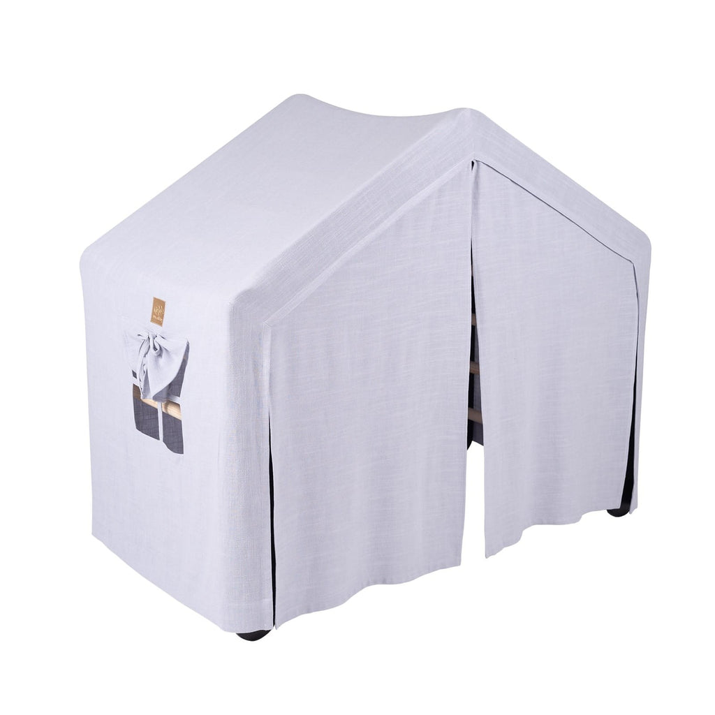 6. Large black ladder house with blue-grey cover, side view showing fabric drape