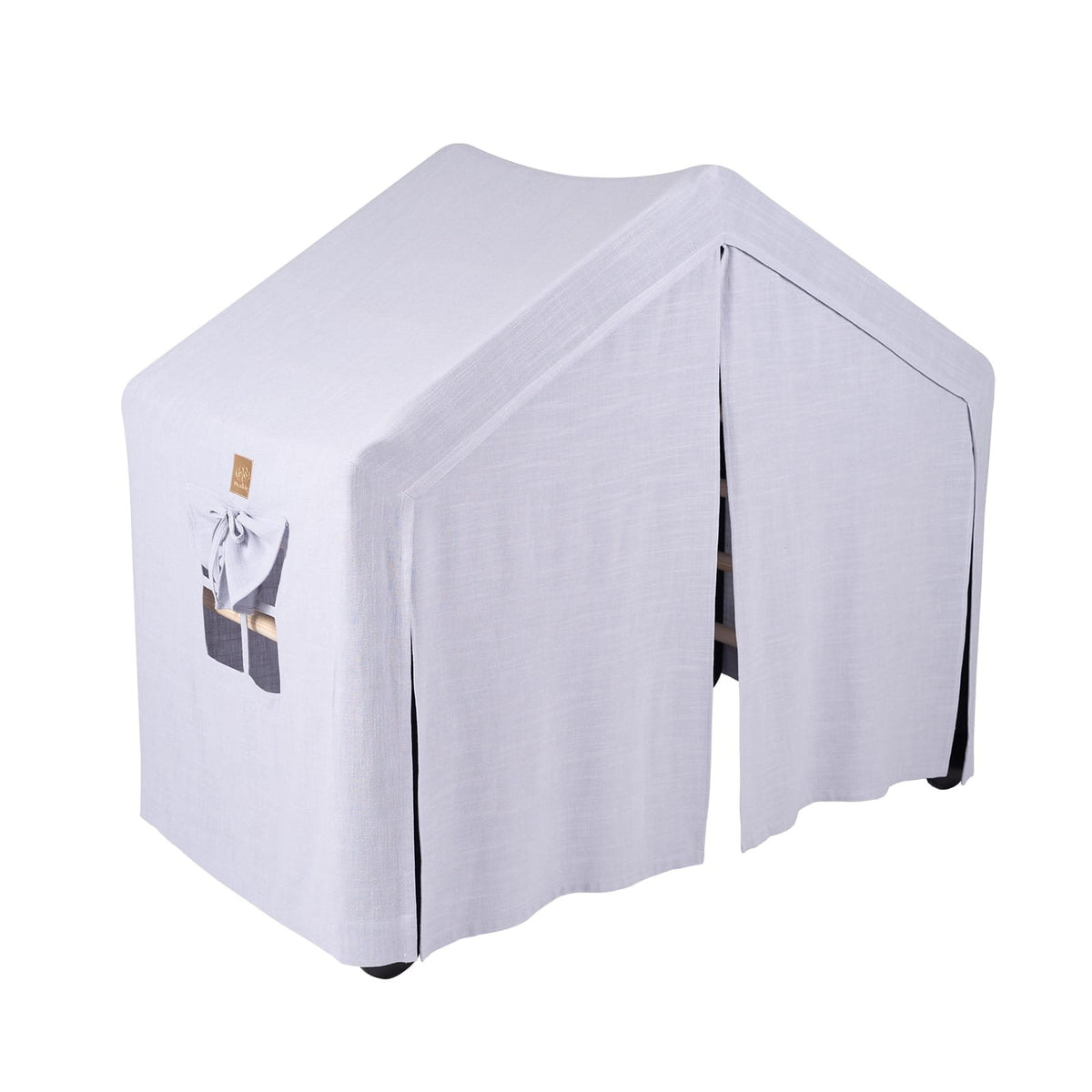 6. Large black ladder house with blue-grey cover, side view showing fabric drape