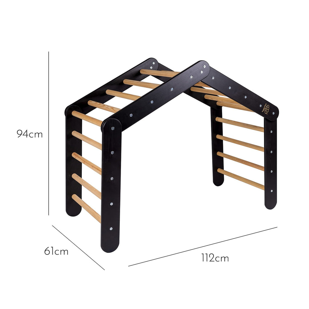 5. Size chart for large black wooden Pikler ladder showing dimensions in centimeters