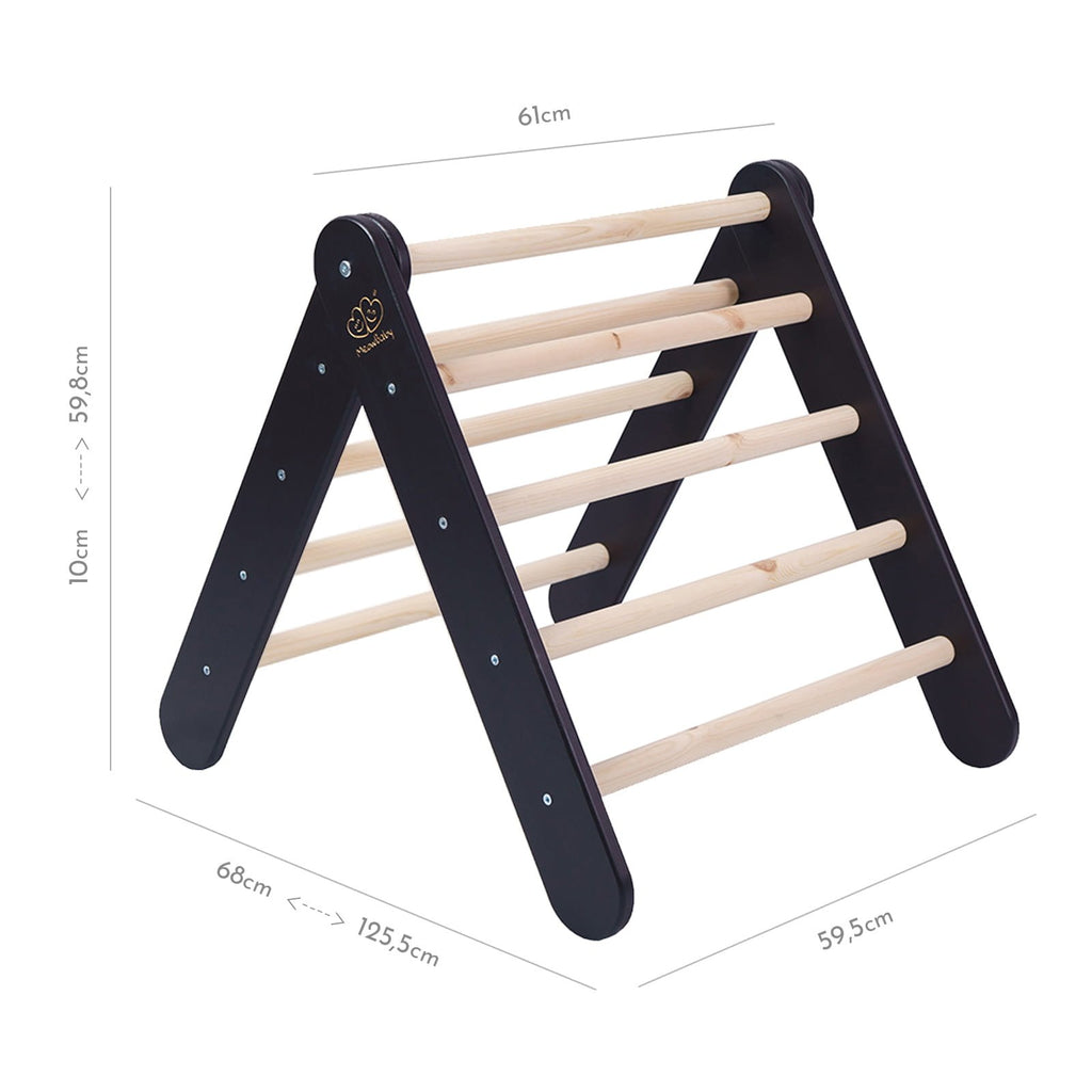 2. Black wooden ladder structure with natural wood rungs, dimensions shown for children's playhouse