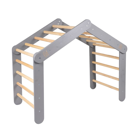 1. Large gray wooden Pikler ladder with natural wood rungs, shown in a triangular shape, ideal for children's play and development