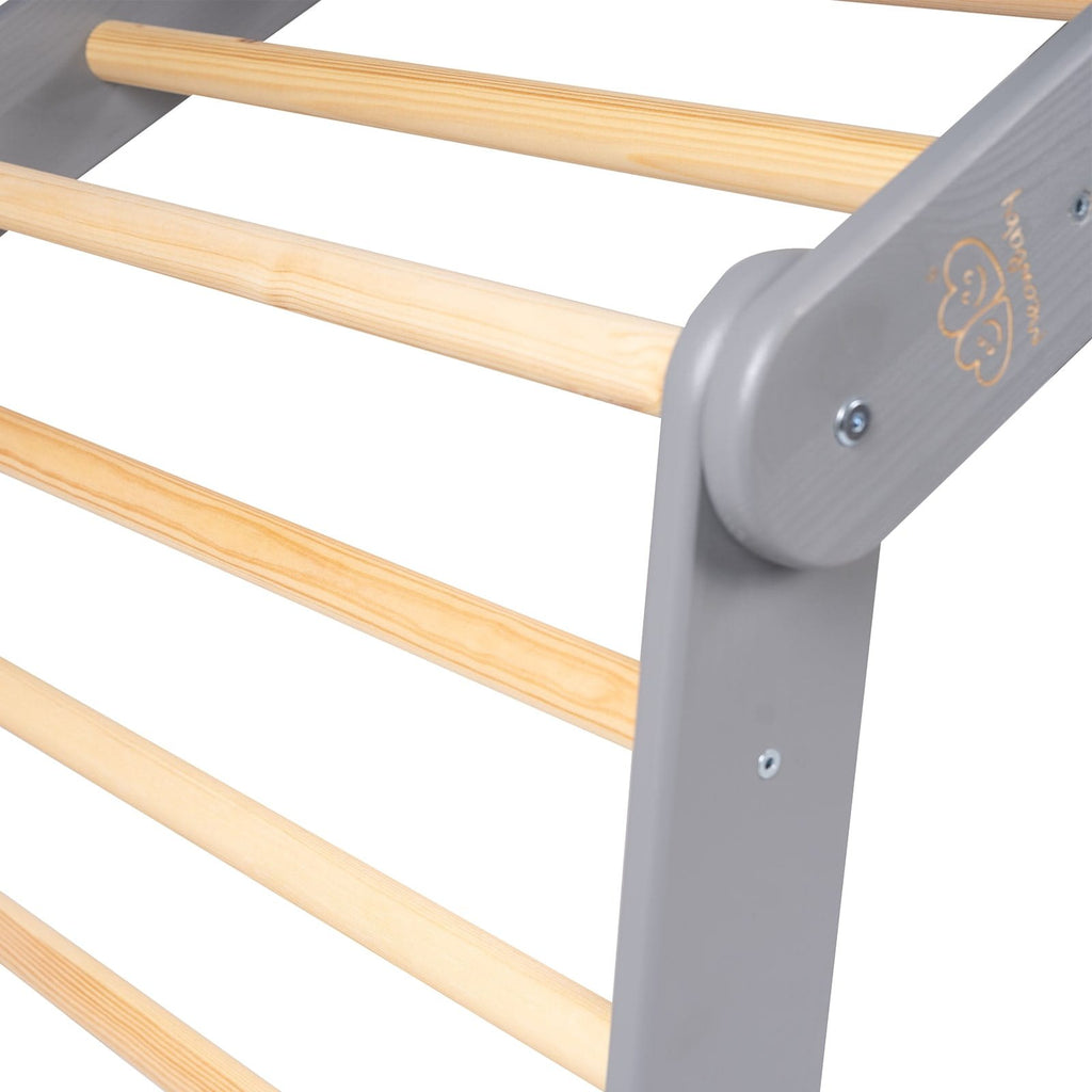 3. Close-up of gray Pikler ladder with natural wood rungs, highlighting the MeowBaby logo and sturdy construction