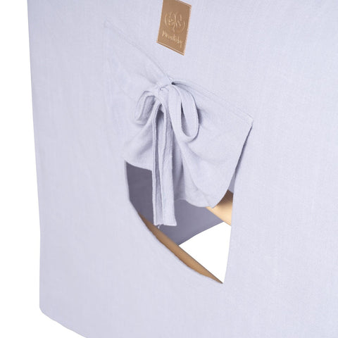 3. Close-up of blue-grey fabric cover with tied bow and MeowBaby logo on the large ladder house.