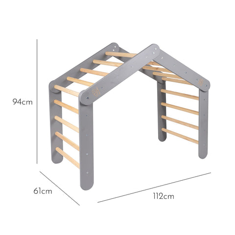 3. Grey ladder house frame with wooden rungs, shown with dimensions for children's play area