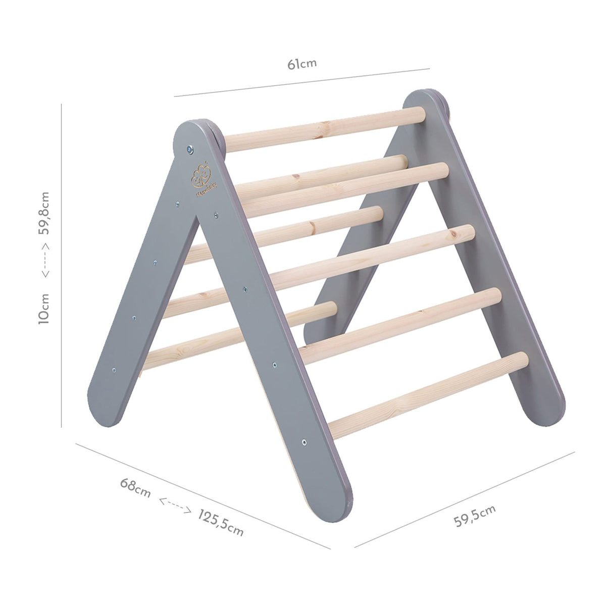5. Size chart for gray Pikler ladder in A-frame position with dimensions in centimeters