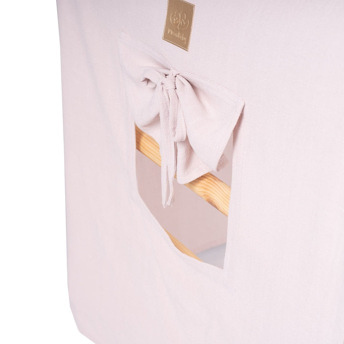 4. Close-up of pink fabric cover with window and bow detail on children's ladder house