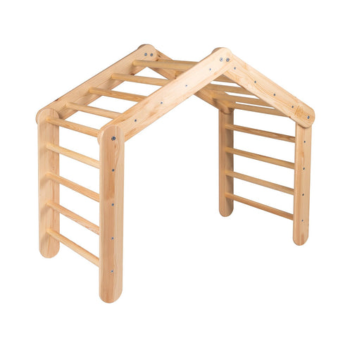 1. Large natural wood Pikler ladder with 11 rungs in a triangular shape, shown in a studio setting
