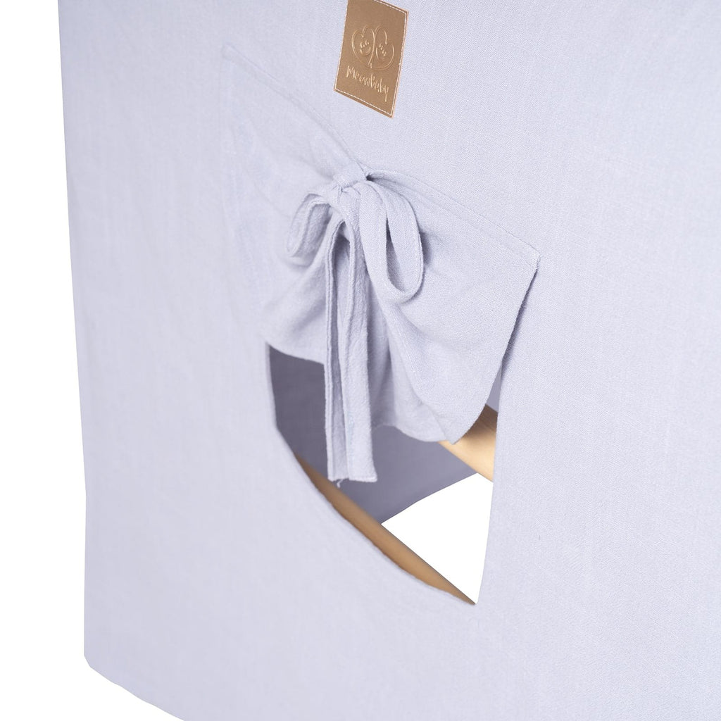 3. Close-up of blue-grey fabric cover with bow detail and MeowBaby logo, highlighting design features