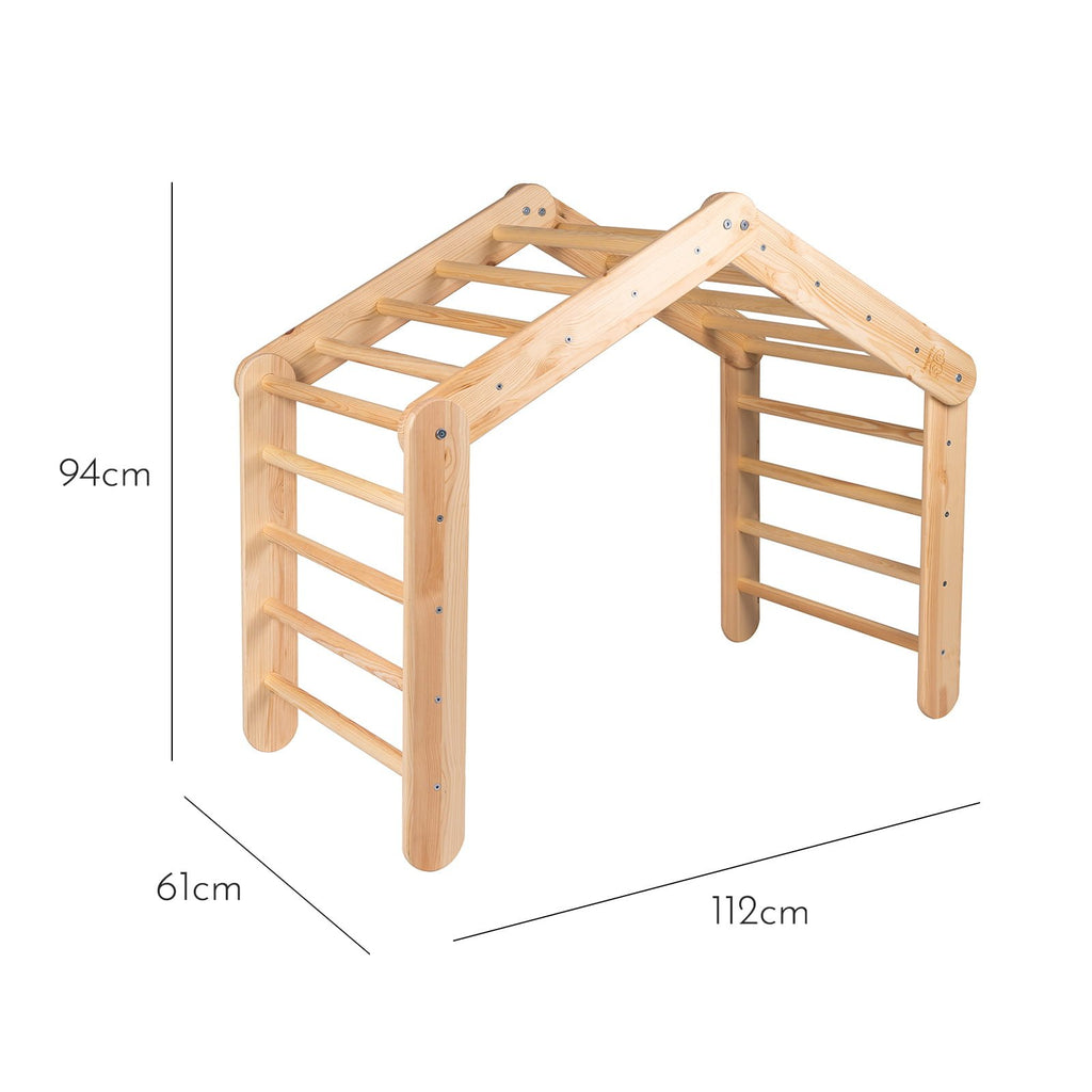 5. Size chart for large natural wood Pikler ladder showing dimensions in centimeters