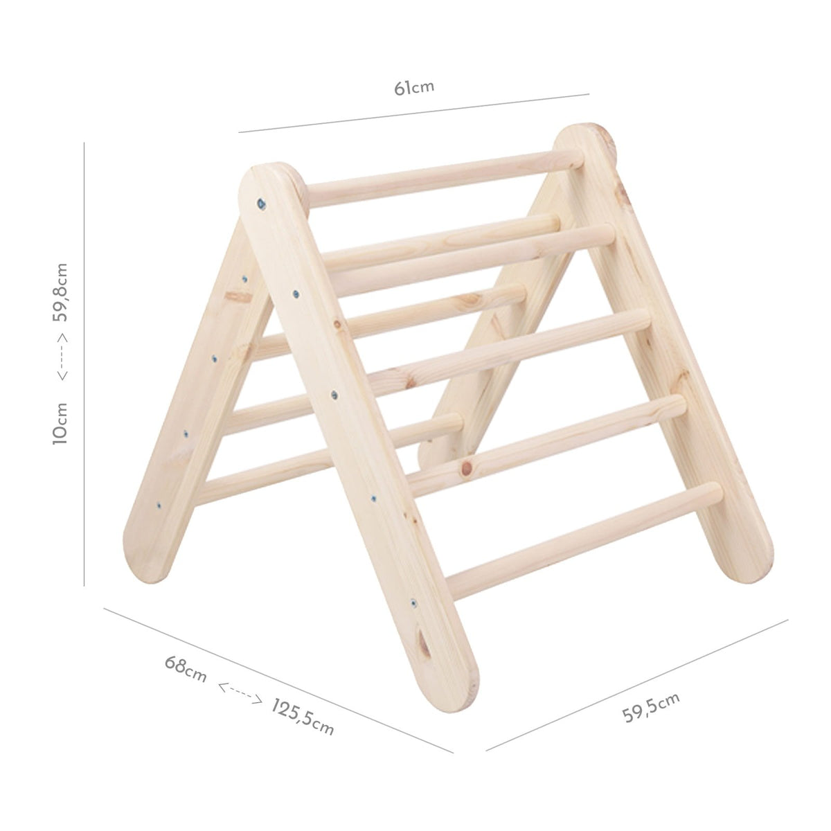5. Size chart for small natural wood Pikler ladder showing dimensions in centimeters