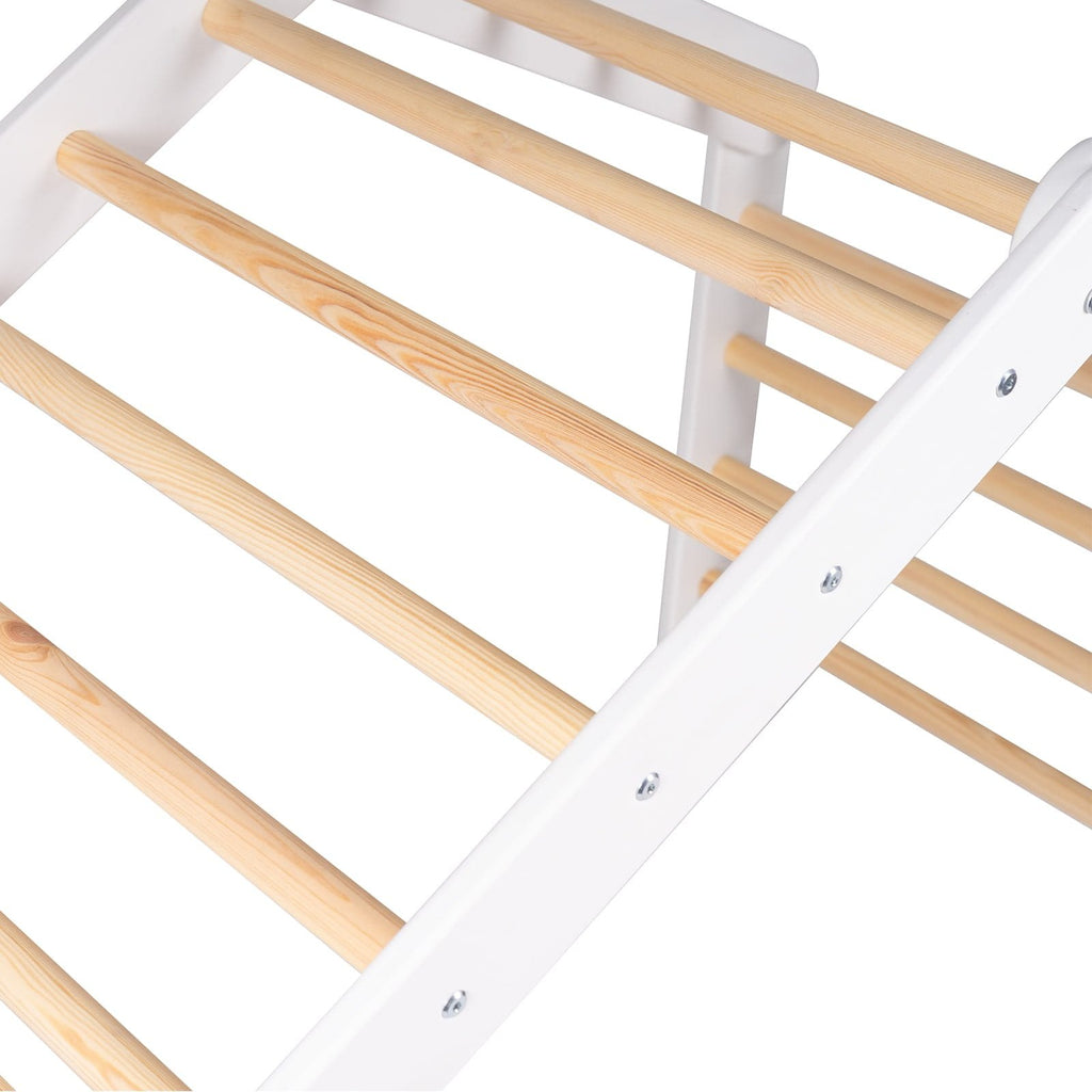 3. Close-up of wooden ladder rungs on white frame, showing natural wood grain and construction details