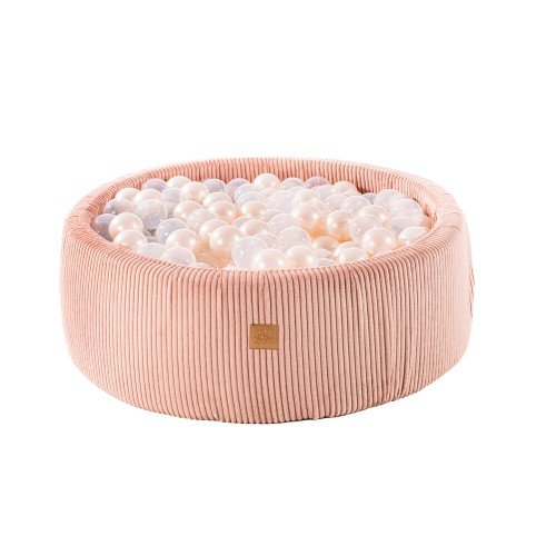 1. Aesthetic pink round ball pit filled with 200 white balls, featuring soft hypoallergenic foam and a zippered cover, designed for children's sensory play and motor skill development, by MeowBaby.
