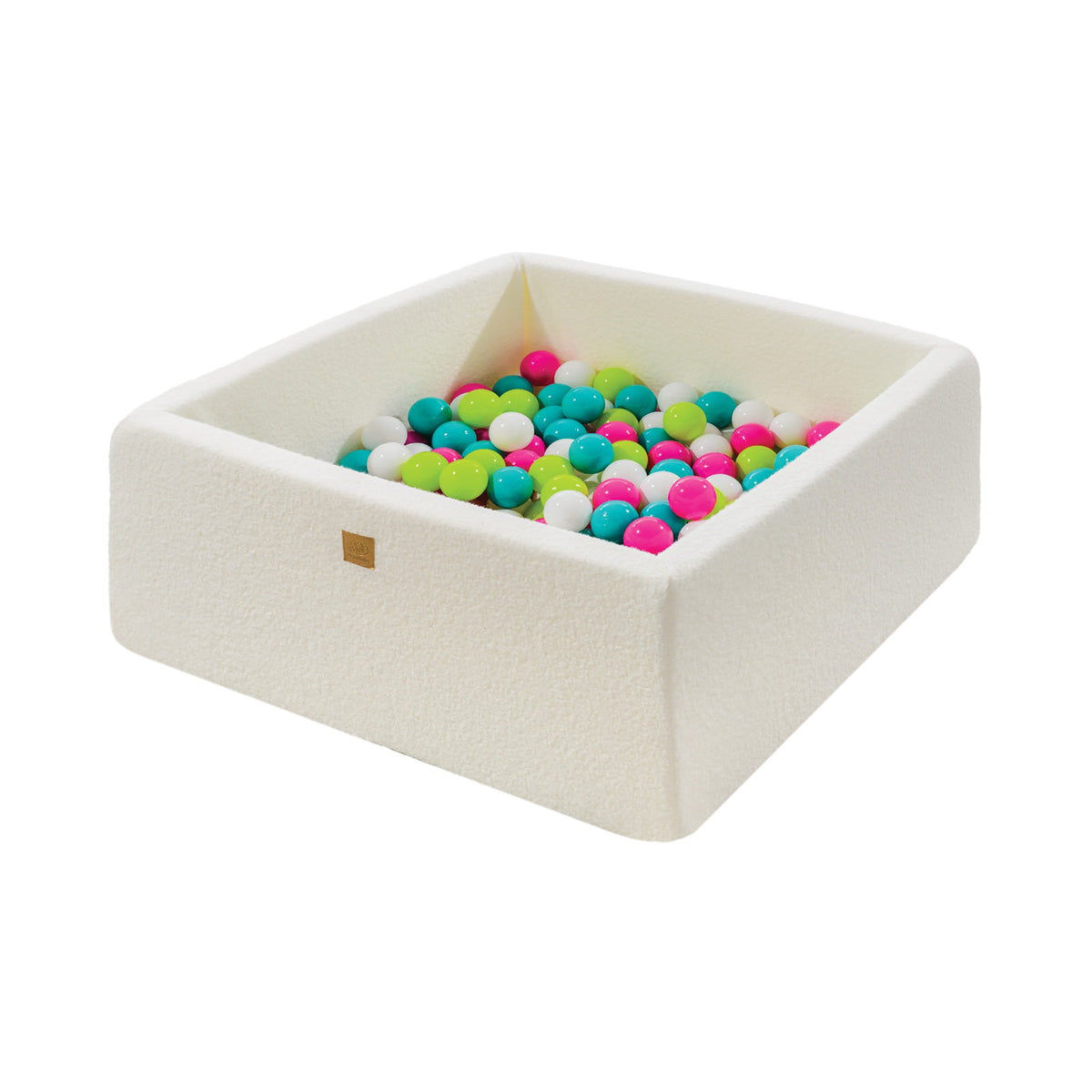 1. MeowBaby white boucle square ball pit filled with green, blue, white, and pink balls on a white background