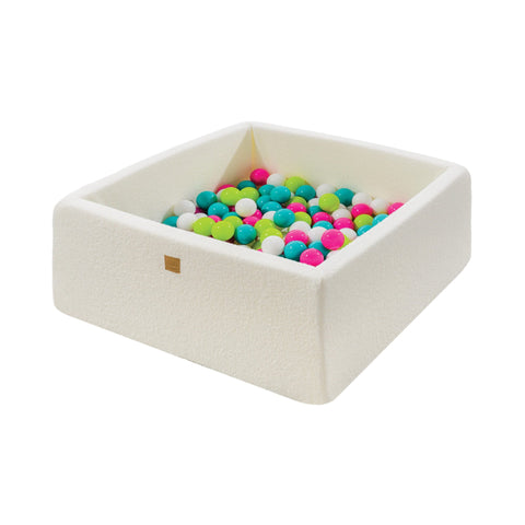 1. MeowBaby white boucle square ball pit filled with green, blue, white, and pink balls on a white background