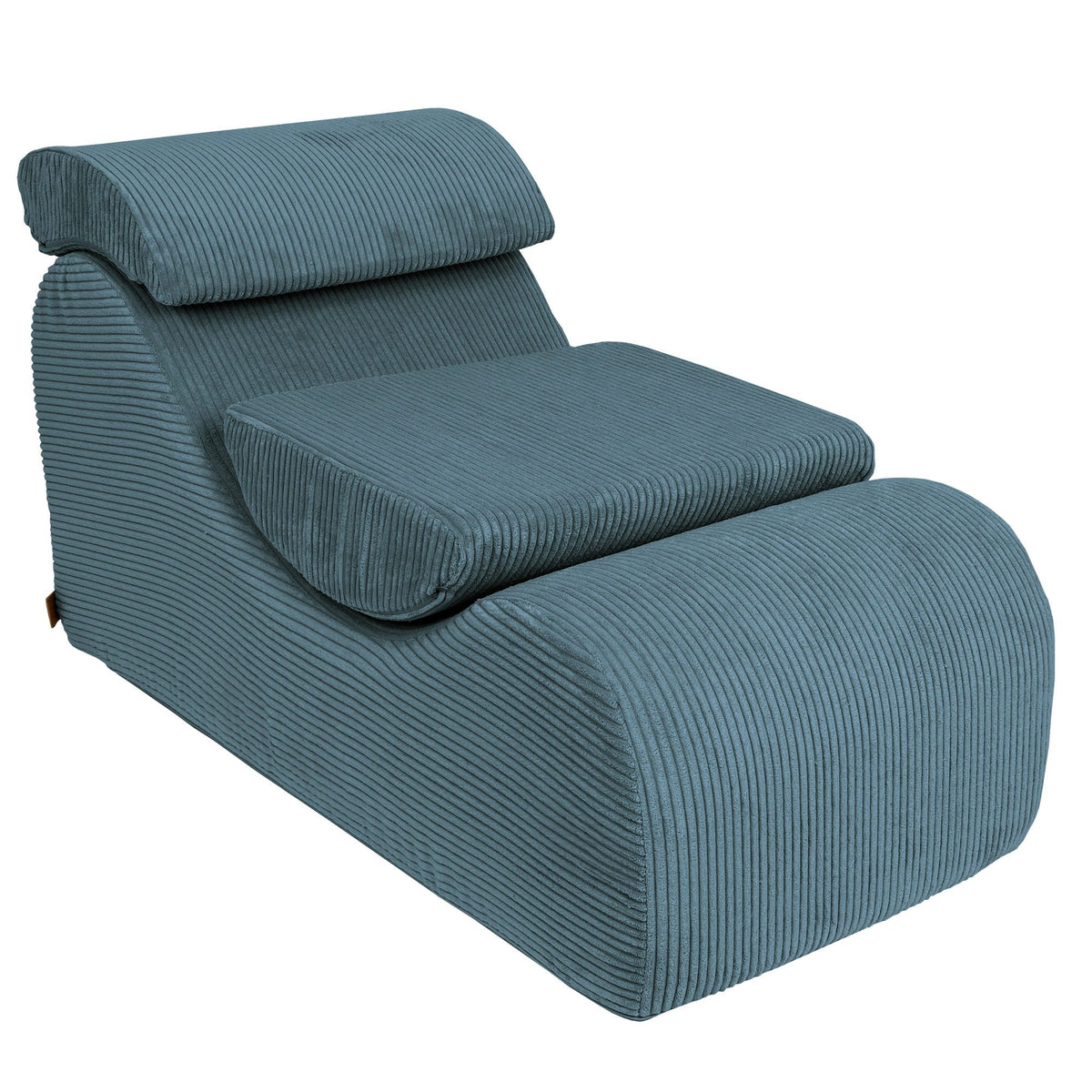 1. Turquoise wave lounger with ergonomic design and removable headrest, shown in a studio setting