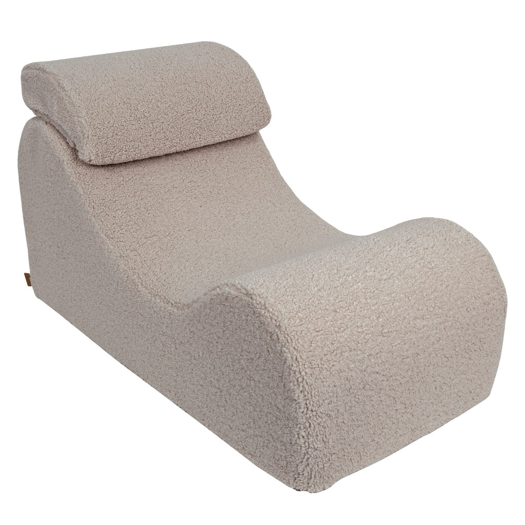 6. Light grey Wave Lounger with ergonomic headrest, featuring soft foam filling and S-shaped design