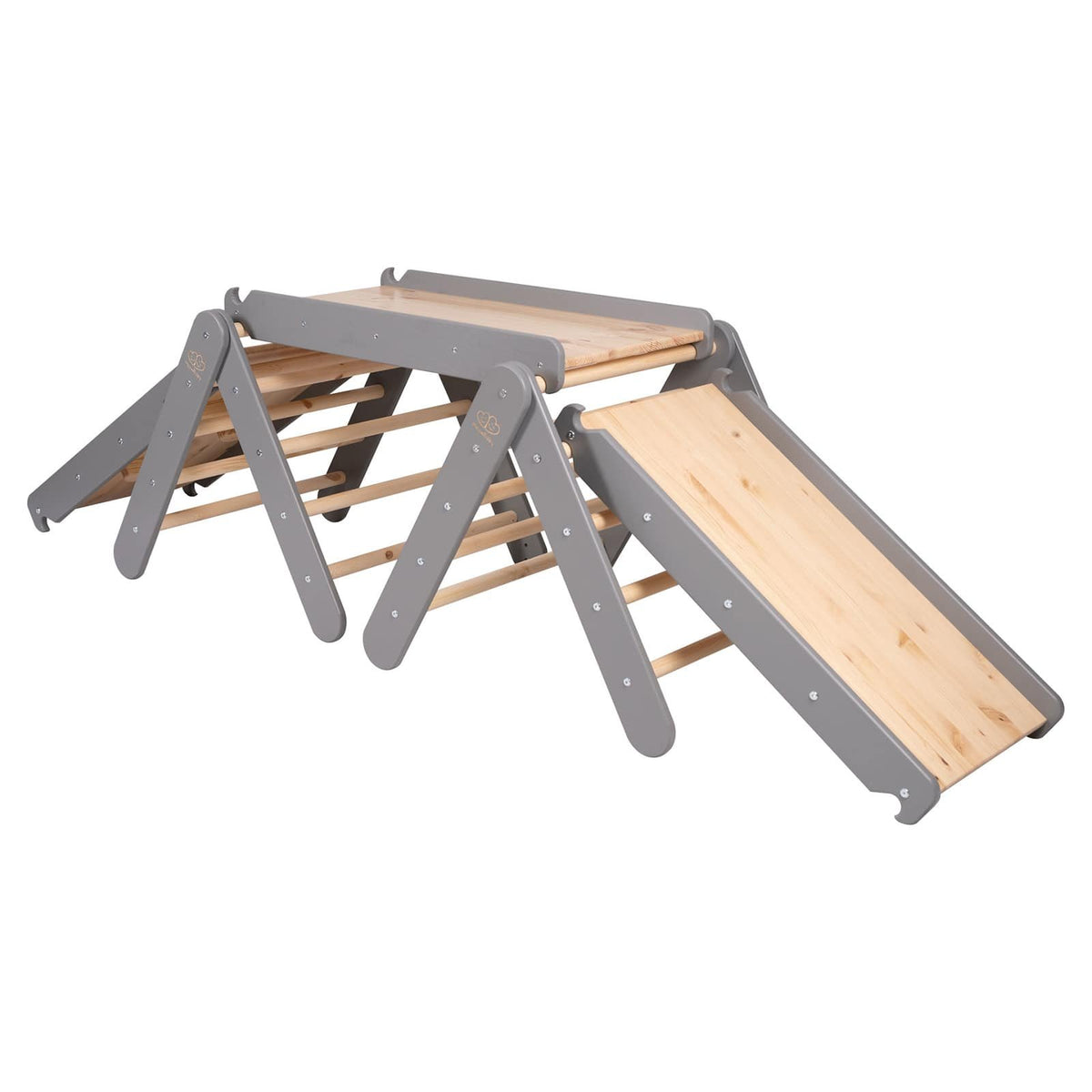 1. Grey wooden climbing triangle set with slide and climbing frame by MeowBaby, shown in a studio setting