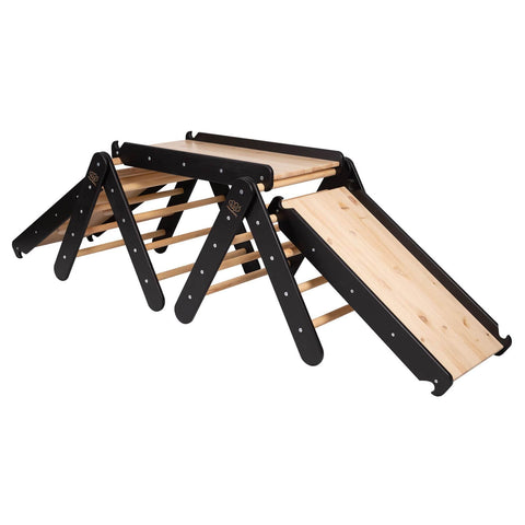 1. Wooden climbing triangle set with black frame and natural wood slide, designed for children's motor skill development