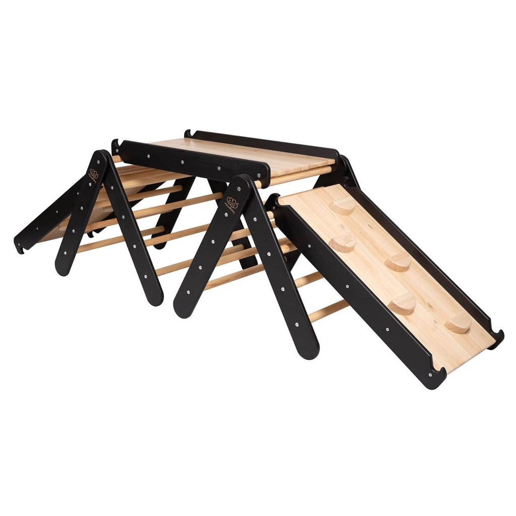 3. Wooden climbing triangle set with black frame and natural wood slide, shown from side angle