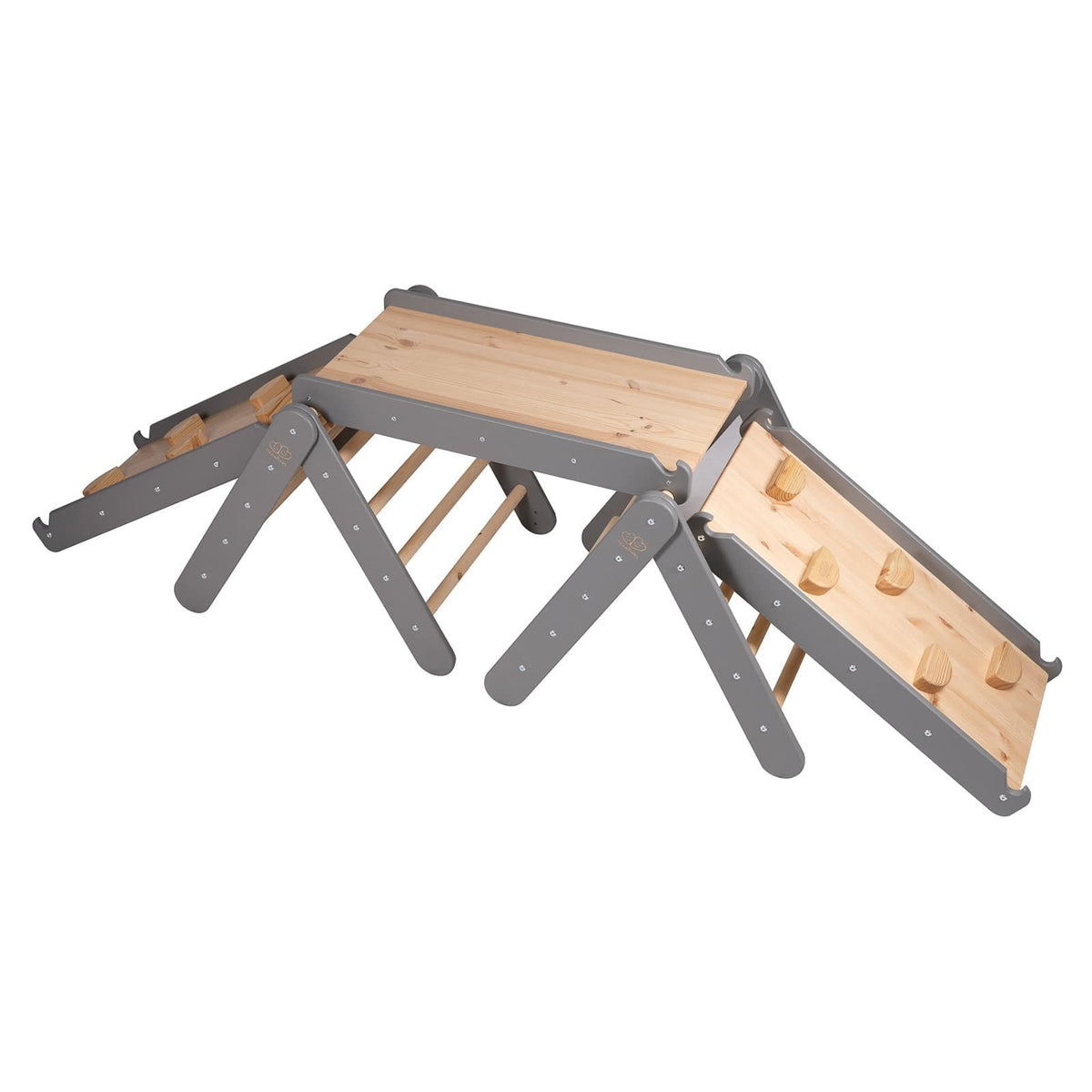 3. Grey wooden climbing triangle set with slide featuring climbing holds by MeowBaby, shown in a studio setting