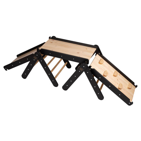2. Wooden climbing triangle set with black frame and natural wood slide featuring climbing holds