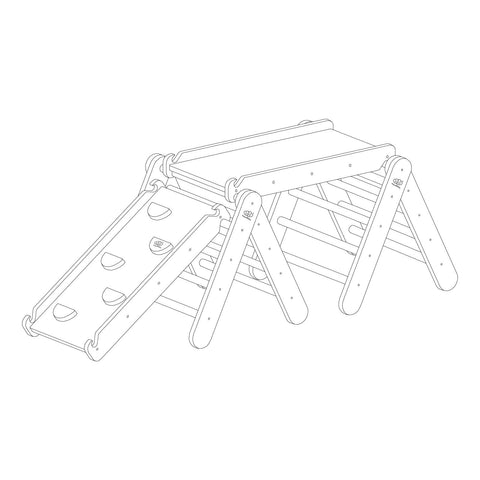 2. Black and white illustration of climbing triangle set with slide and climbing holds