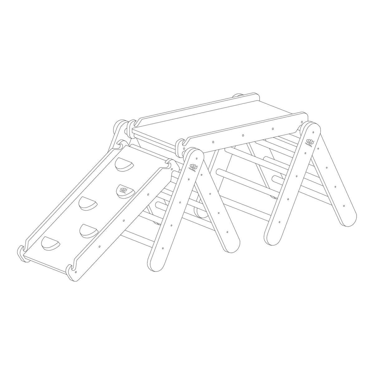 2. Black and white line drawing of MeowBaby climbing triangle set with slide and climbing frame, showing structural details