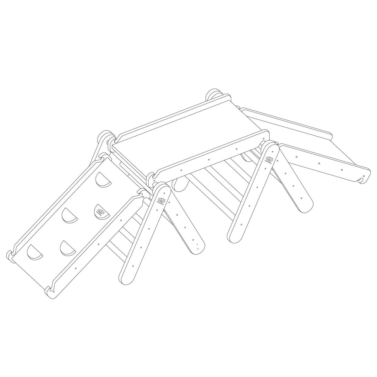 6. Black and white illustration of climbing triangle set with slide and climbing holds, viewed from side
