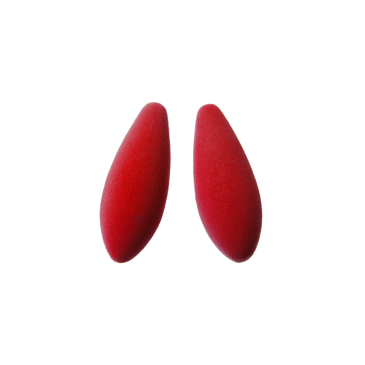 2. Pair of red teardrop-shaped earrings with velvety finish from Tanel Veenre's Earberries collection on white background