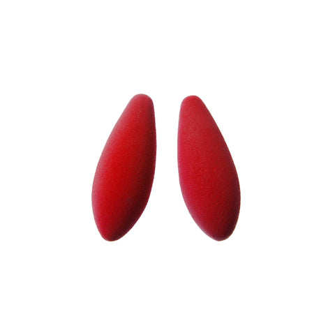 2. Pair of red teardrop-shaped earrings with velvety finish from Tanel Veenre's Earberries collection on white background