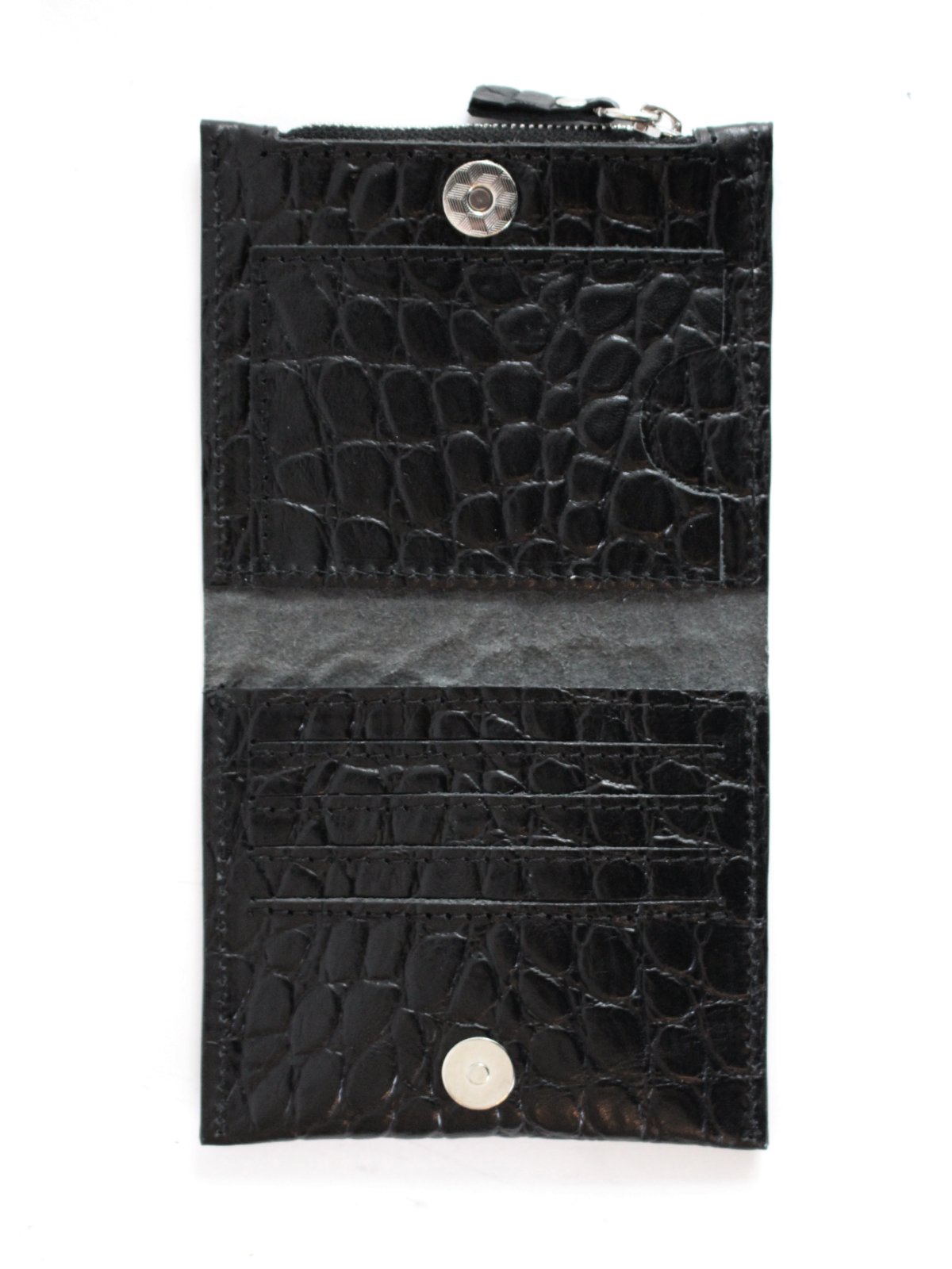 3. Open view of Lava flow Classic Leather Wallet MINI TAAL in Black Croco, showing card compartments and zipper