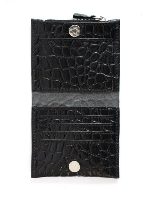 3. Open view of Lava flow Classic Leather Wallet MINI TAAL in Black Croco, showing card compartments and zipper