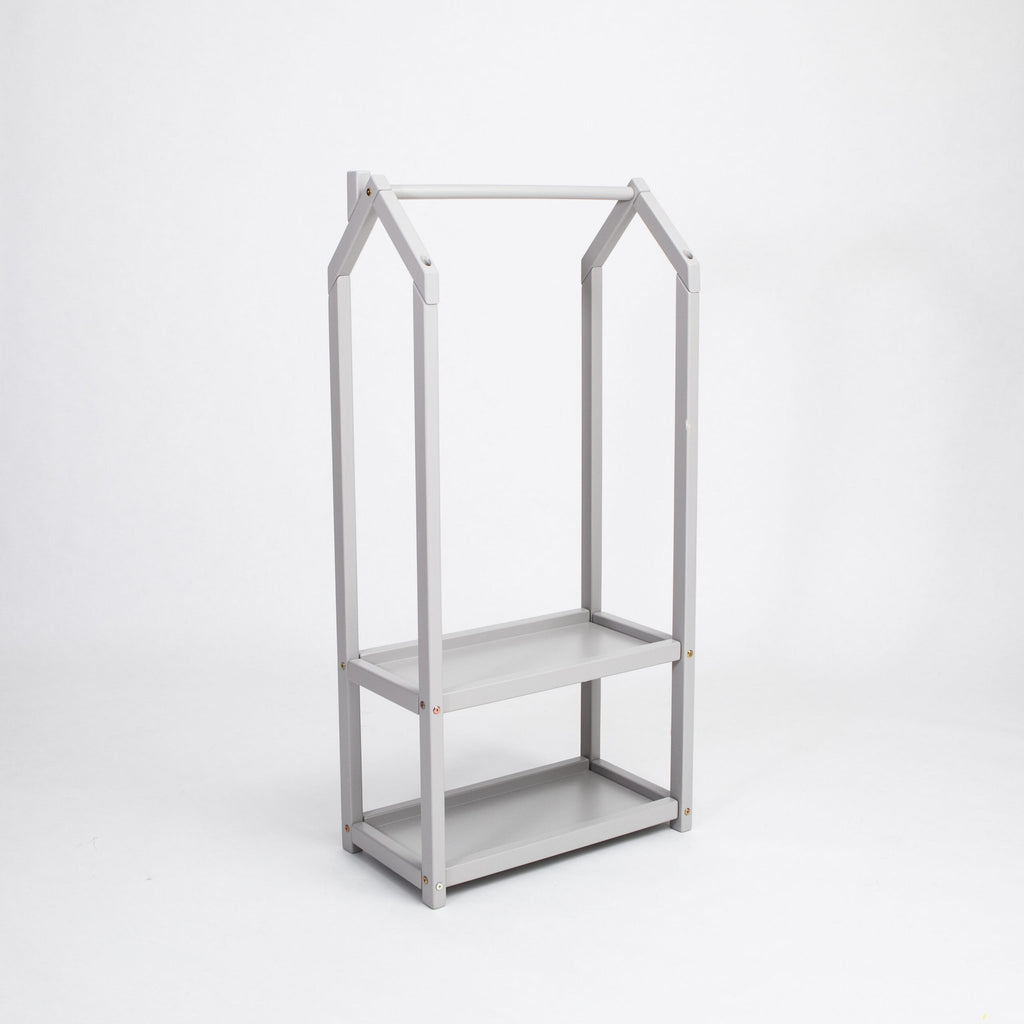 2. Grey house-shaped clothing rack with two shelves on a white background