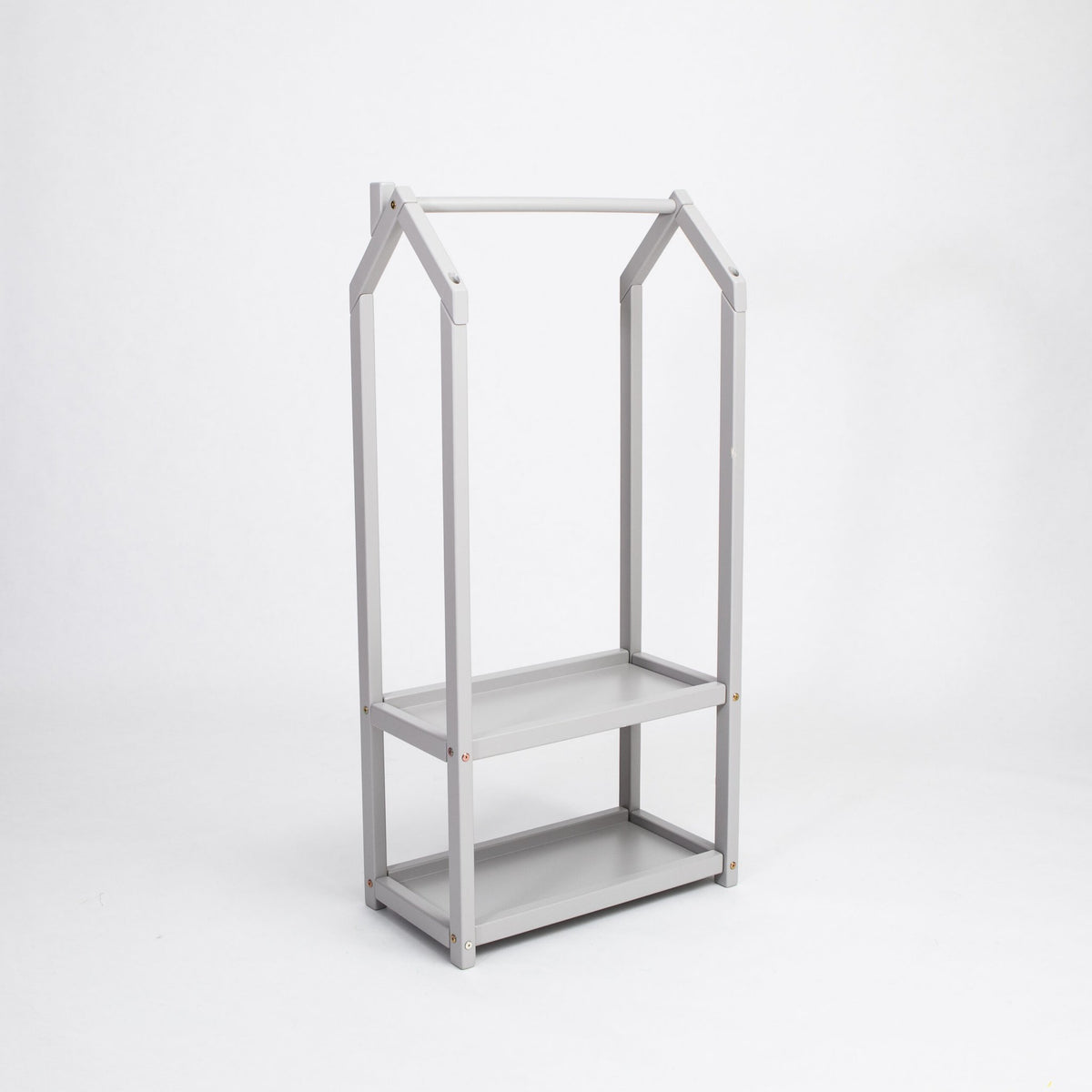 2. Grey house-shaped clothing rack with two shelves on a white background