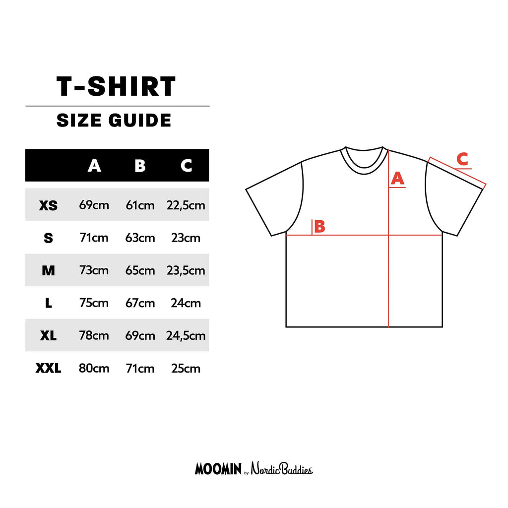 7. Size chart for Moomin Classics heavy t-shirt, showing XS–XXL in cm with fit diagram