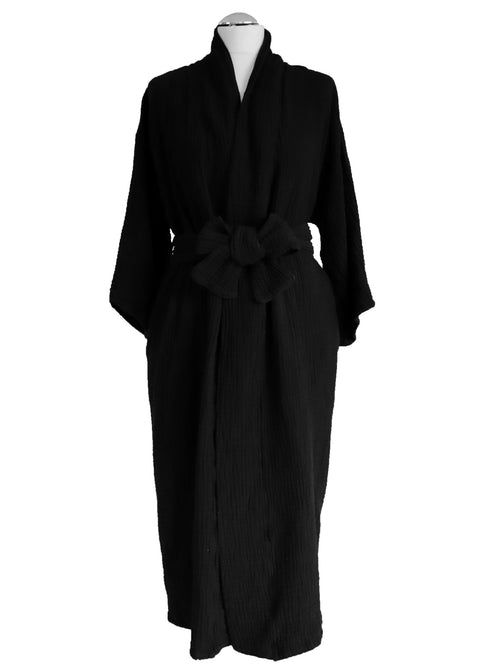 2. Studio image of black ÜRP robe with belt, showcasing universal fit and soft texture