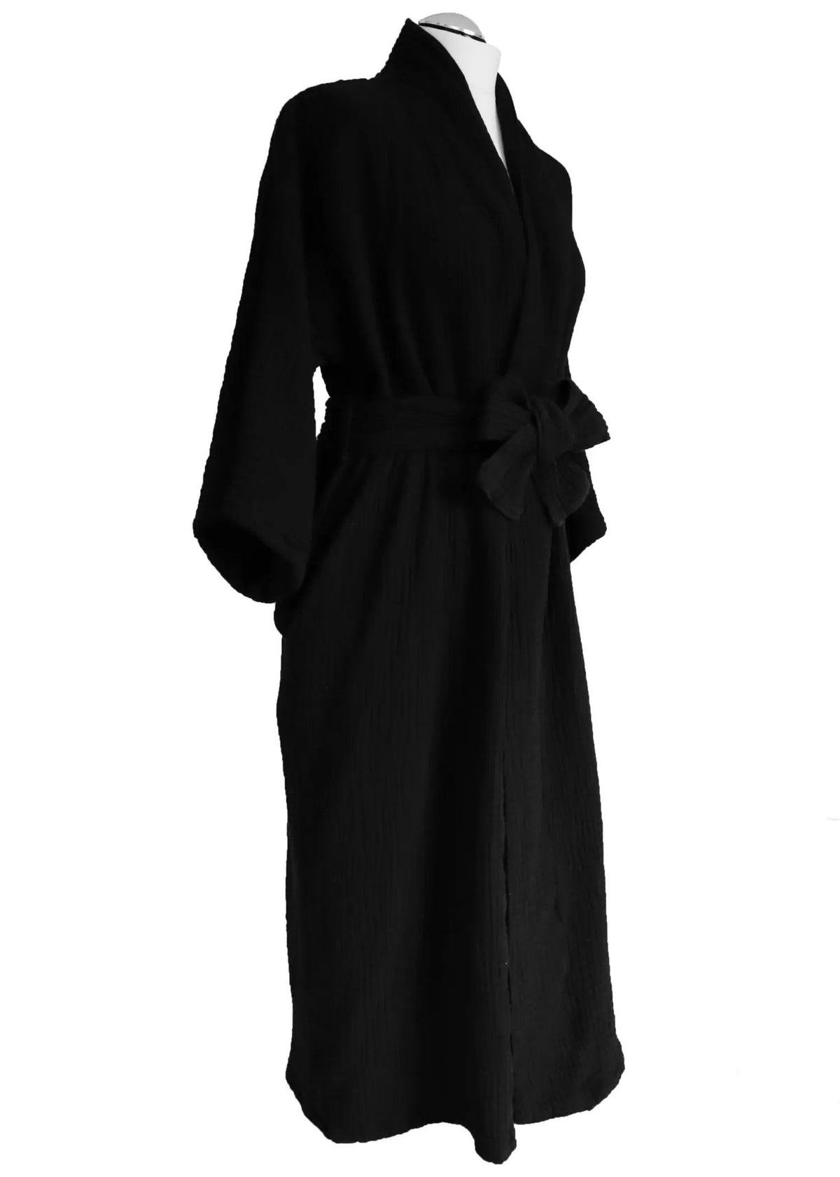 2. Studio image of black ÜRP robe with belt and pockets, front view