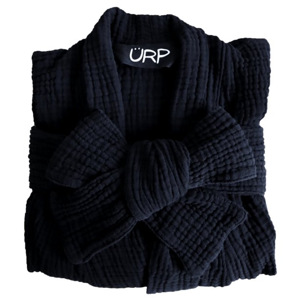 4. Back view of black ÜRP robe in studio, showing length and fit