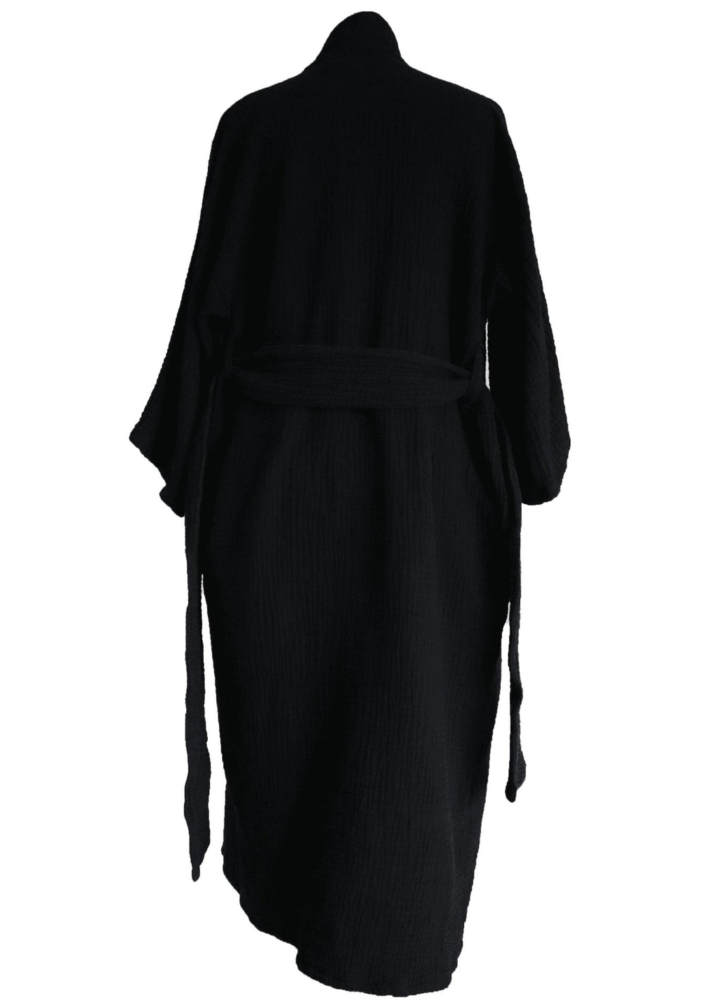 1. Unisex black ÜRP robe worn by model, showcasing universal fit and cozy texture