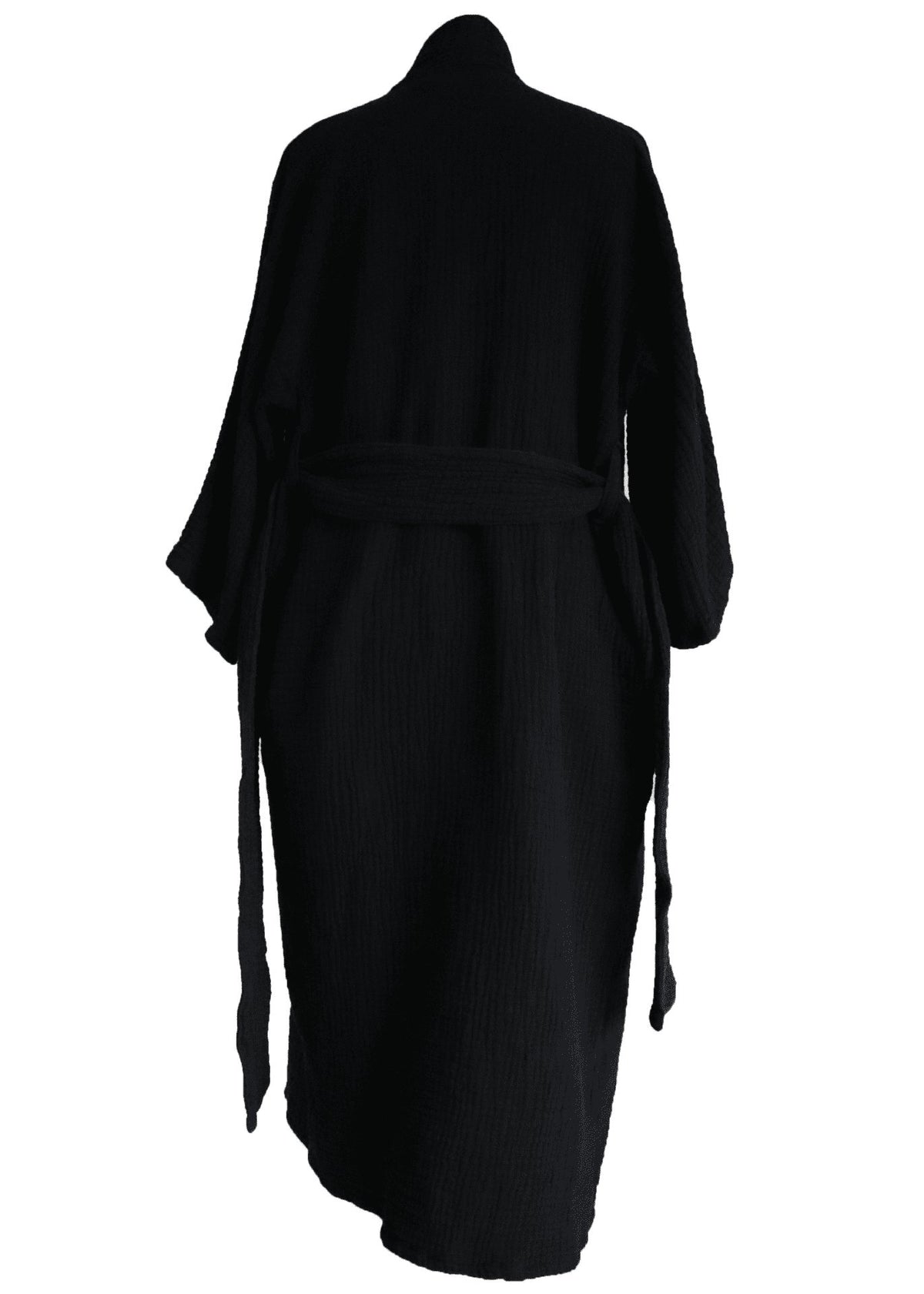 1. Unisex black ÜRP robe worn by model, showcasing universal fit and cozy texture