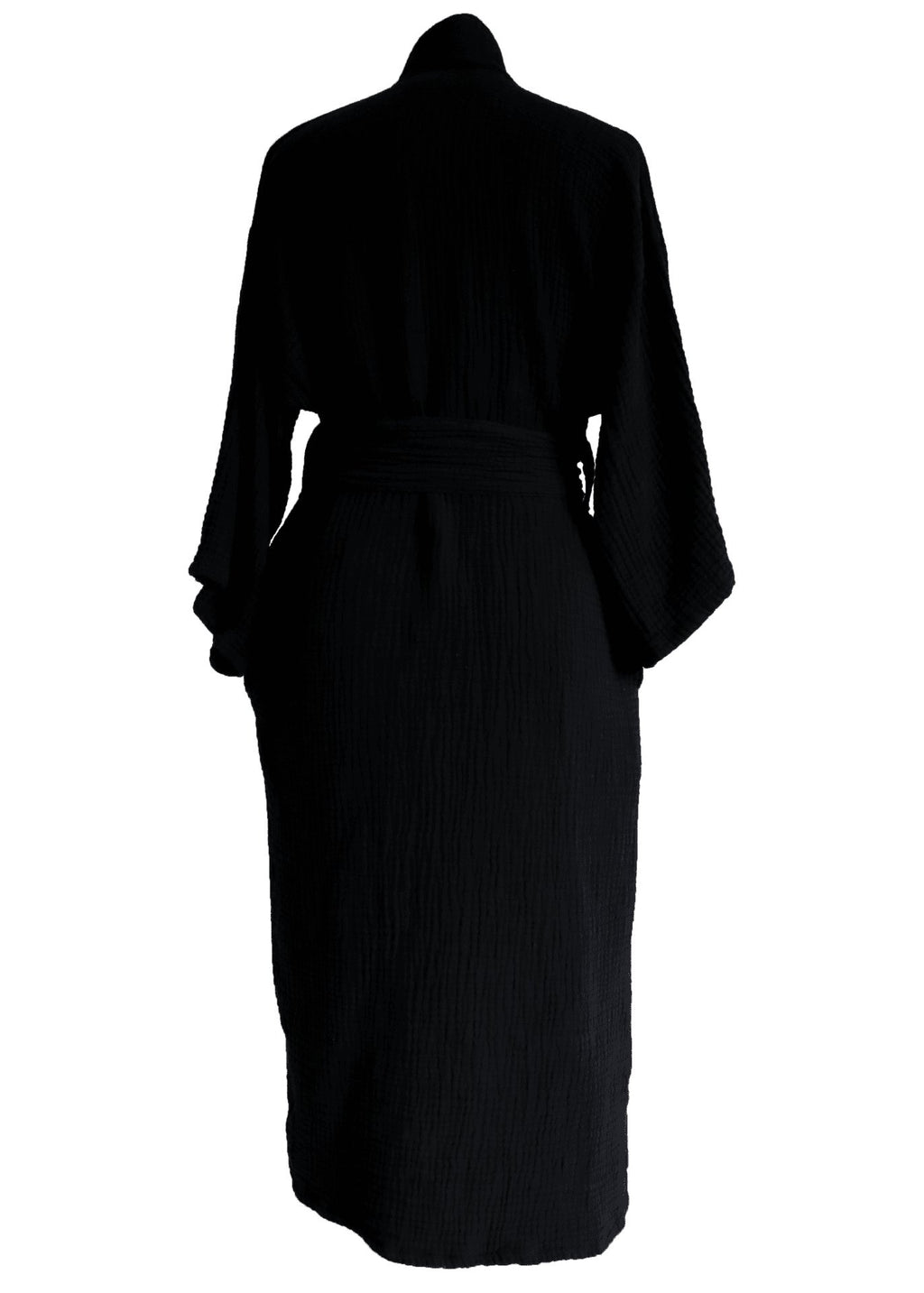 3. Side view of black ÜRP robe in studio, highlighting soft cotton material