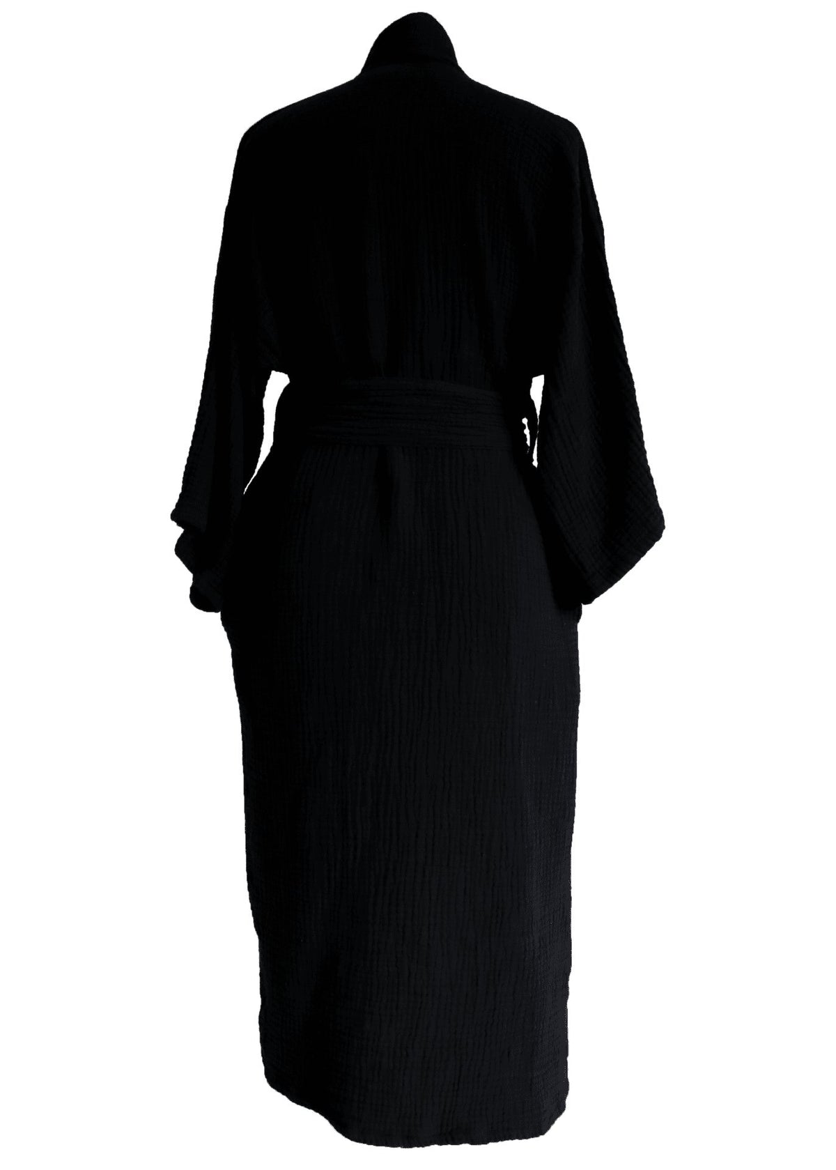 3. Side view of black ÜRP robe in studio, highlighting soft cotton material