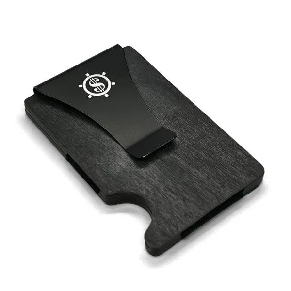 1. Seif Design Must Süsi card holder with black money clip and logo, made from natural slate stone, shown on white background