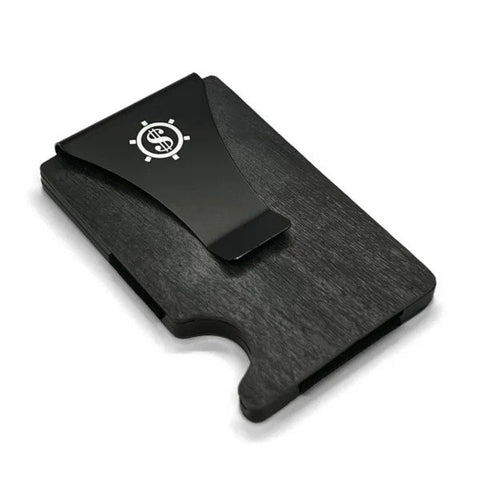 1. Seif Design Must Süsi card holder with black money clip and logo, made from natural slate stone, shown on white background