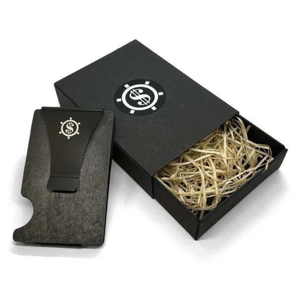 2. Seif Design Must Süsi card holder with black money clip and logo, displayed with eco-friendly packaging box filled with straw