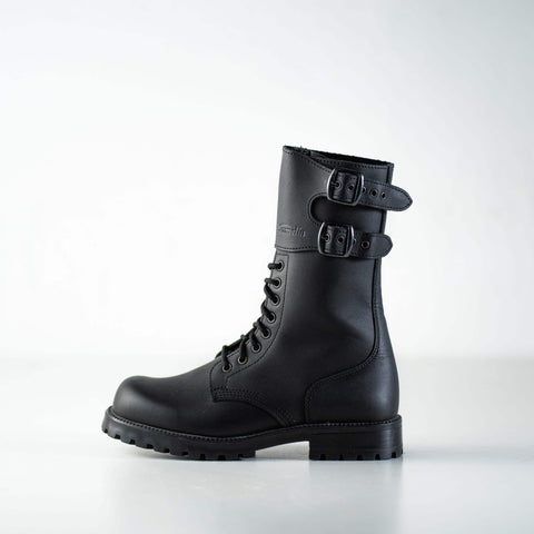 3. Unisex black Tarkovsky boots by Samelin displayed in studio with focus on sole and side buckles