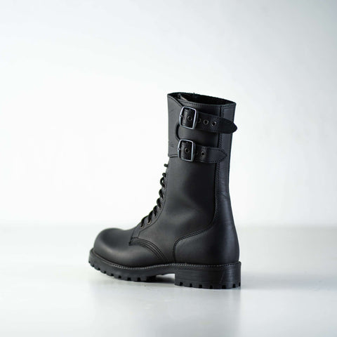 4. Studio shot of unisex black Tarkovsky boots by Samelin, side view showing lace-up and buckle details