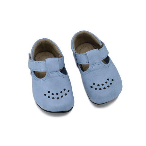 1. Kids' light blue Mutsu slippers by OmaKing with adjustable Velcro fastener, breathable design, and anti-slip sole, shown in studio
